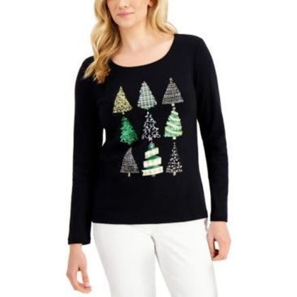 Karen Scott Cotton Graphic Top, Created for Macy's - Glitter Trees - Picture 1 of 1